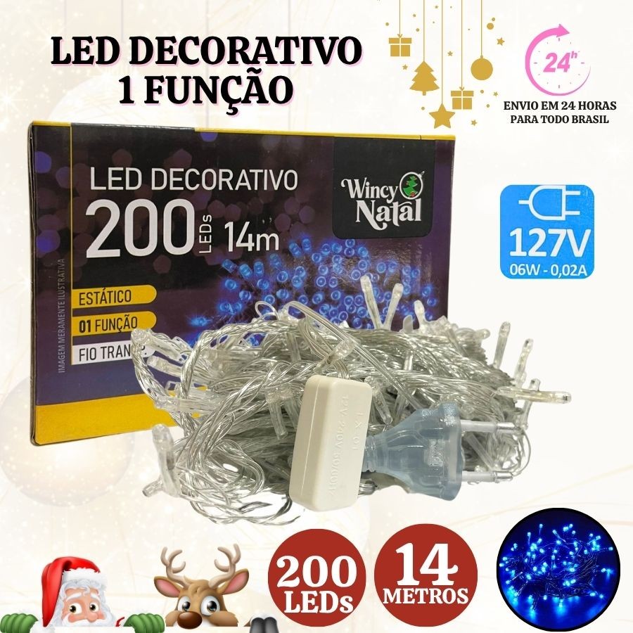 Pisca Pisca Azul C/ Fio Transparente 200 Leds 1 Funções 127v 14 Metros Decoração Iluminação Natal