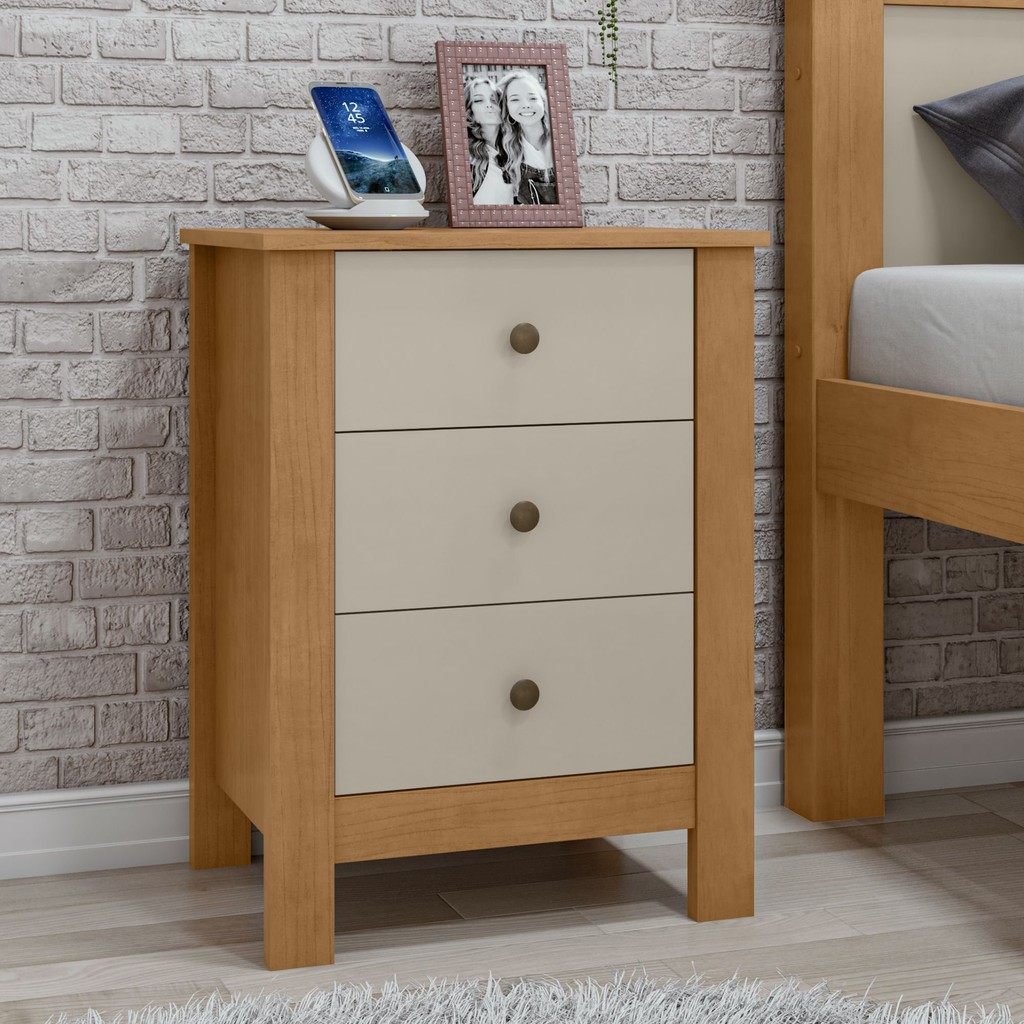 Mesa de Cabeceira 3 Gavetas Maggiore New Amêndoa Clean/Off White em Oferta na Shopee