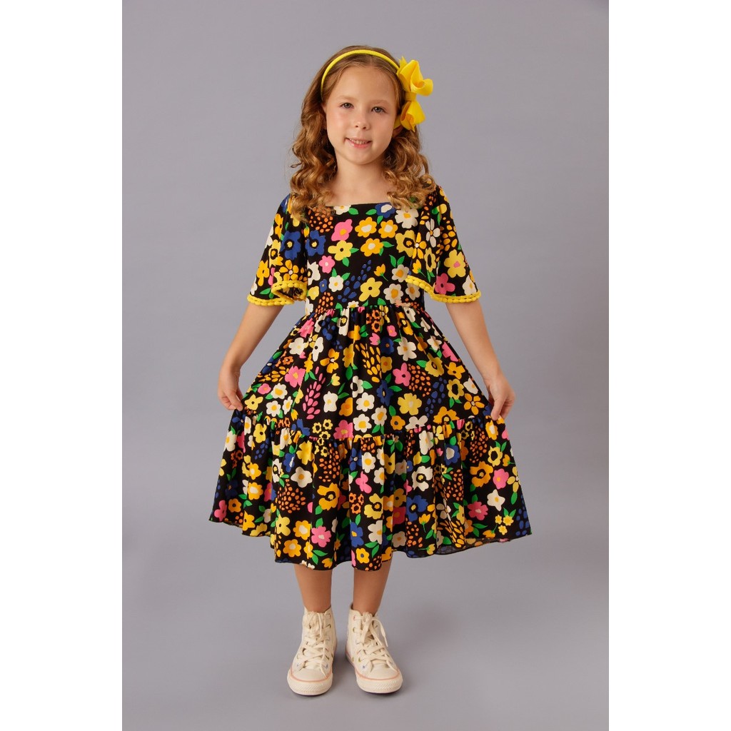VESTIDO CATTAI FOR FUN JUVENIL ESTAMPADO PRETO COM AMARELO
