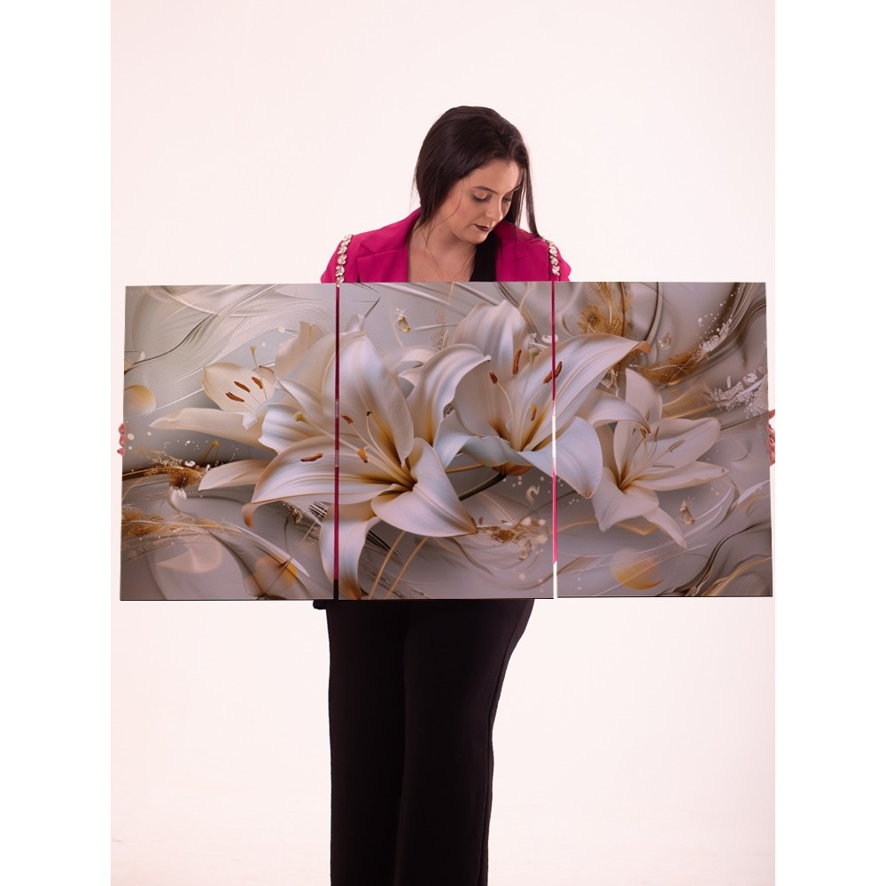 Quadro Decorativo Triplo Floral Lírios Brancos com Detalhes Dourados Painel 3 Peças para Sala Quarto