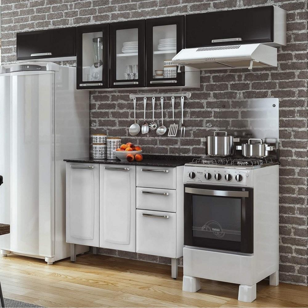 Cozinha Itatiaia Luce Compacta 4pc 3v Branco Preto com Balcão e Armários Aéreos em Oferta na Shopee