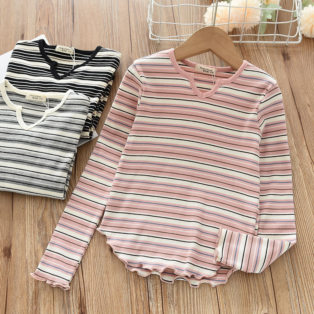 Estilo ocidental meninas listrado camiseta crianças em torno do pescoço de malha camisa de fundo meninas roupas de outon
