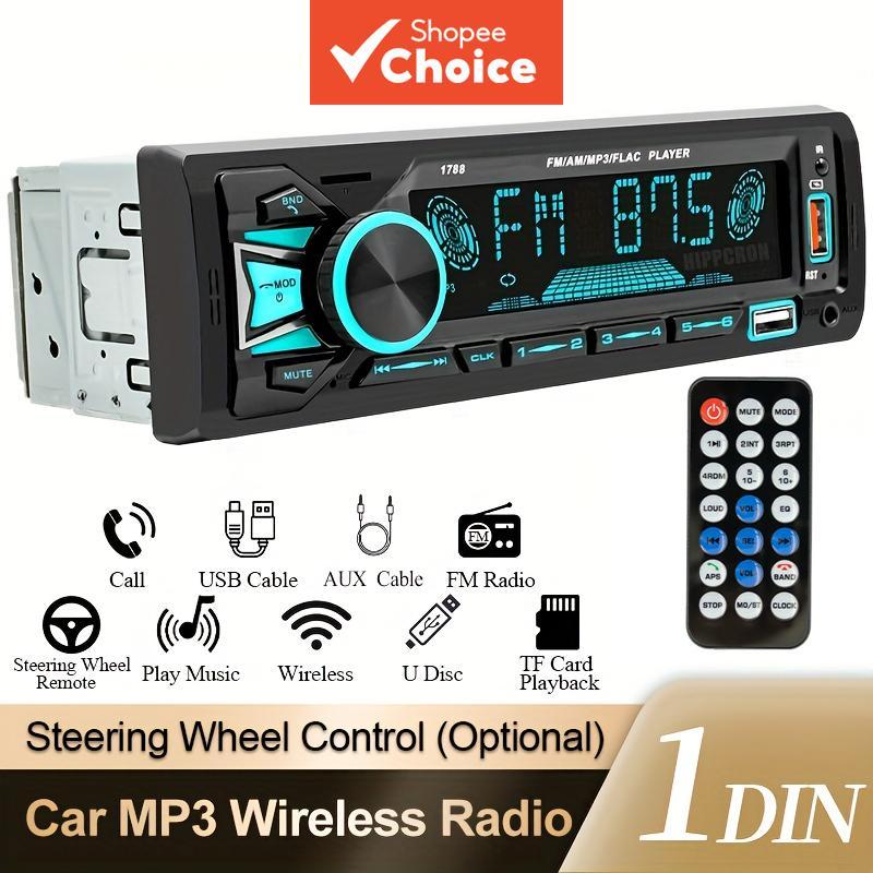 Rádio Automotivo 1 din MP3 Bluetooth com Receptor FM, Controle Remoto, AUX/USB/Cartão TF