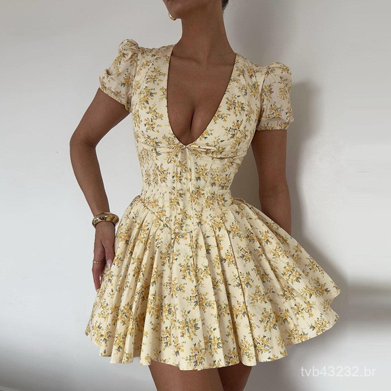Estilo doce cintura média cem Floral v estilo novo estilo vestido fino de manga curta plissado verão Sexy estilo francês