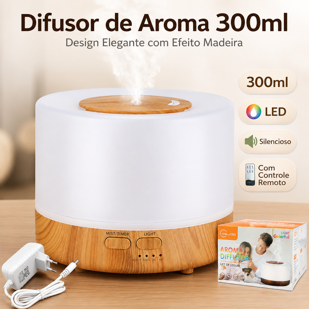 Difusor Aromático 300ml Ultrassônico LED Umidificador de Ar Aromaterapia Madeira com Controle Remoto
