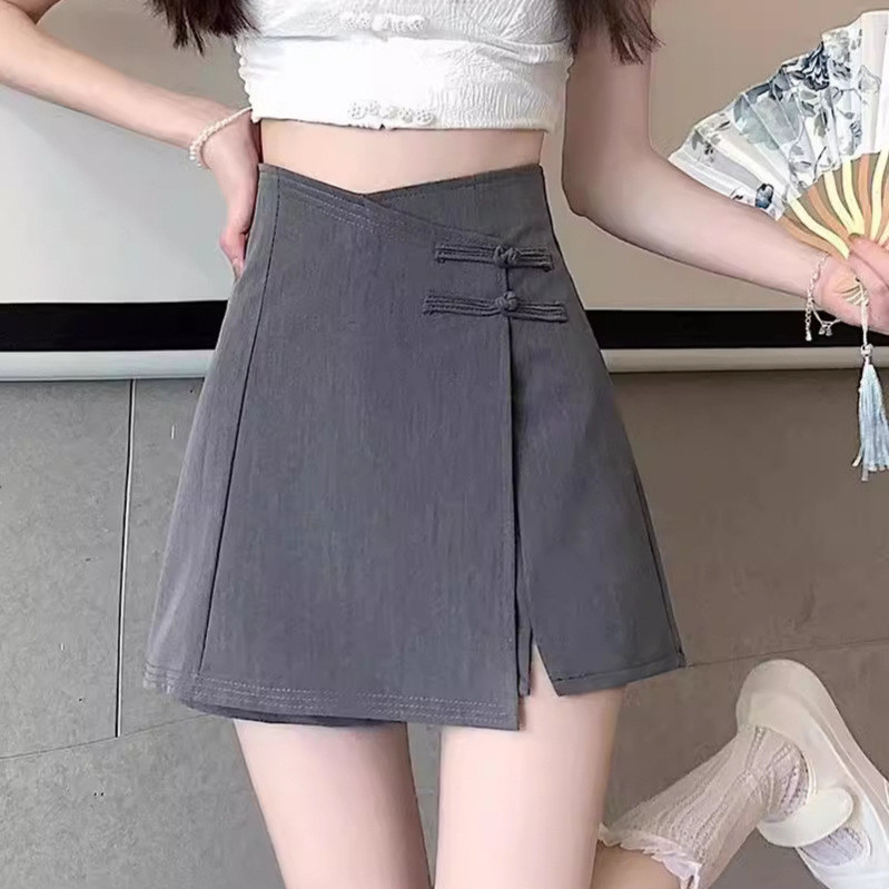 Novo estilo chinês estilo chinês fivela de disco cintura alta A linha saia dividida calças femininas