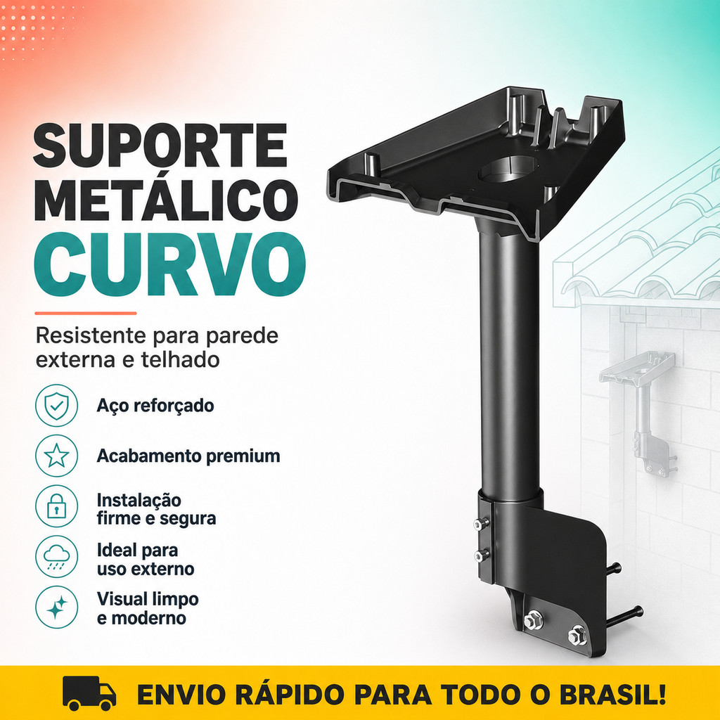 Suporte metálico com tubo curvo para parede externa e telhado base firme para instalação de mini suporte