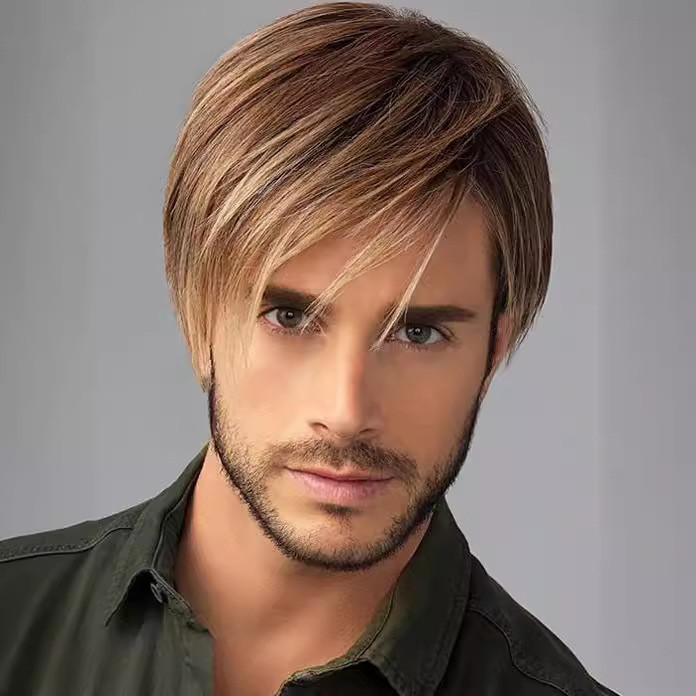 Peruca de cabelo reto franja masculina peruca comércio exterior vendas diretas da fábrica cabelo curto ouro europeu amer
