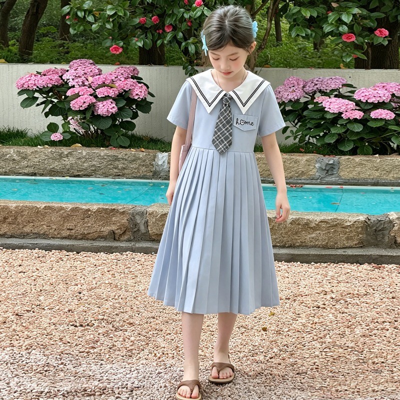 Meninas Vestido De Verão Estilo Preppy 2026 Azul Manga Curta Gola Marinheiro Plissado Com Gravata Roupas Infantis 110-17