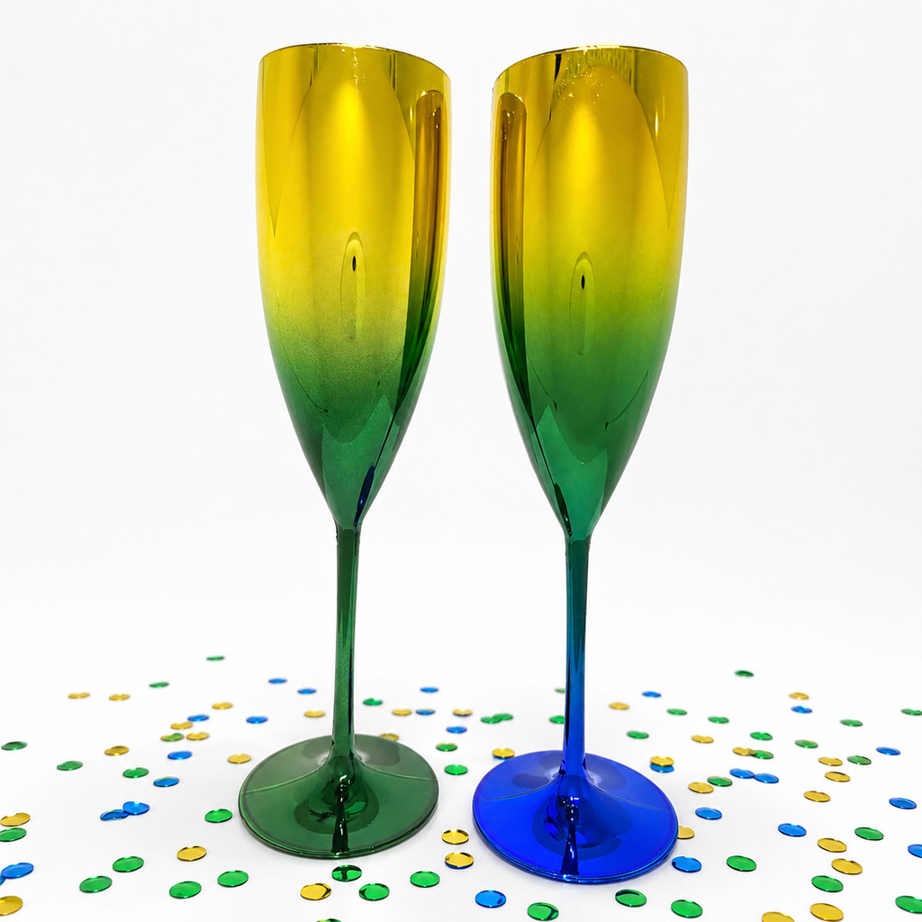 Kit 6 Taças Champanhe Acrílico 160ml Metalizada Copa Brasil Chandon Futebol Comemoração Jogo Festas