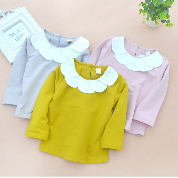 Bebê de manga comprida primavera outono camiseta feminina bebê cor sólida pétala em torno do pescoço pode ser usado sozi