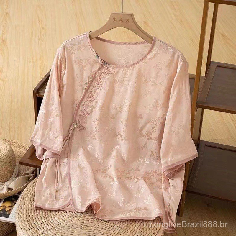 Blusa de cetim estampada em estilo chinês para primavera e verão, com gola redonda, corte solto, camisa para chá, top fe