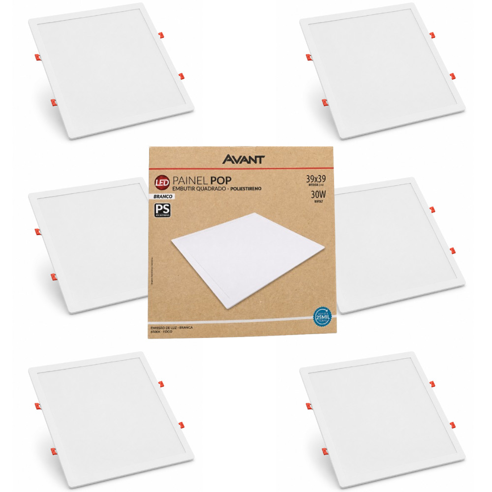 Kit 6 Luminária Painel Plafon 30W Quadrado Embutir Branco Frio 6500K Bivolt 127v