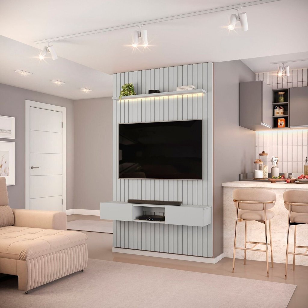 Painel Ripado para TV até 60 Polegadas com LED MDF 143CMX240CM Nicho Trento Bali