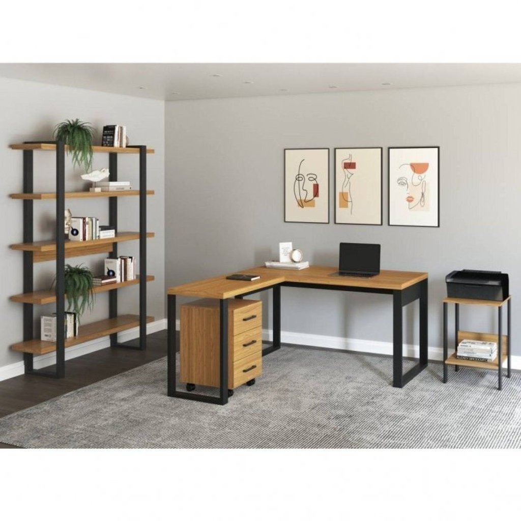 Conjunto 4 Peças com 1 Escrivaninha em L, 1 Mesa, 1 Gaveteiro e 1 Estante Industrial Preto Freijó Marrom