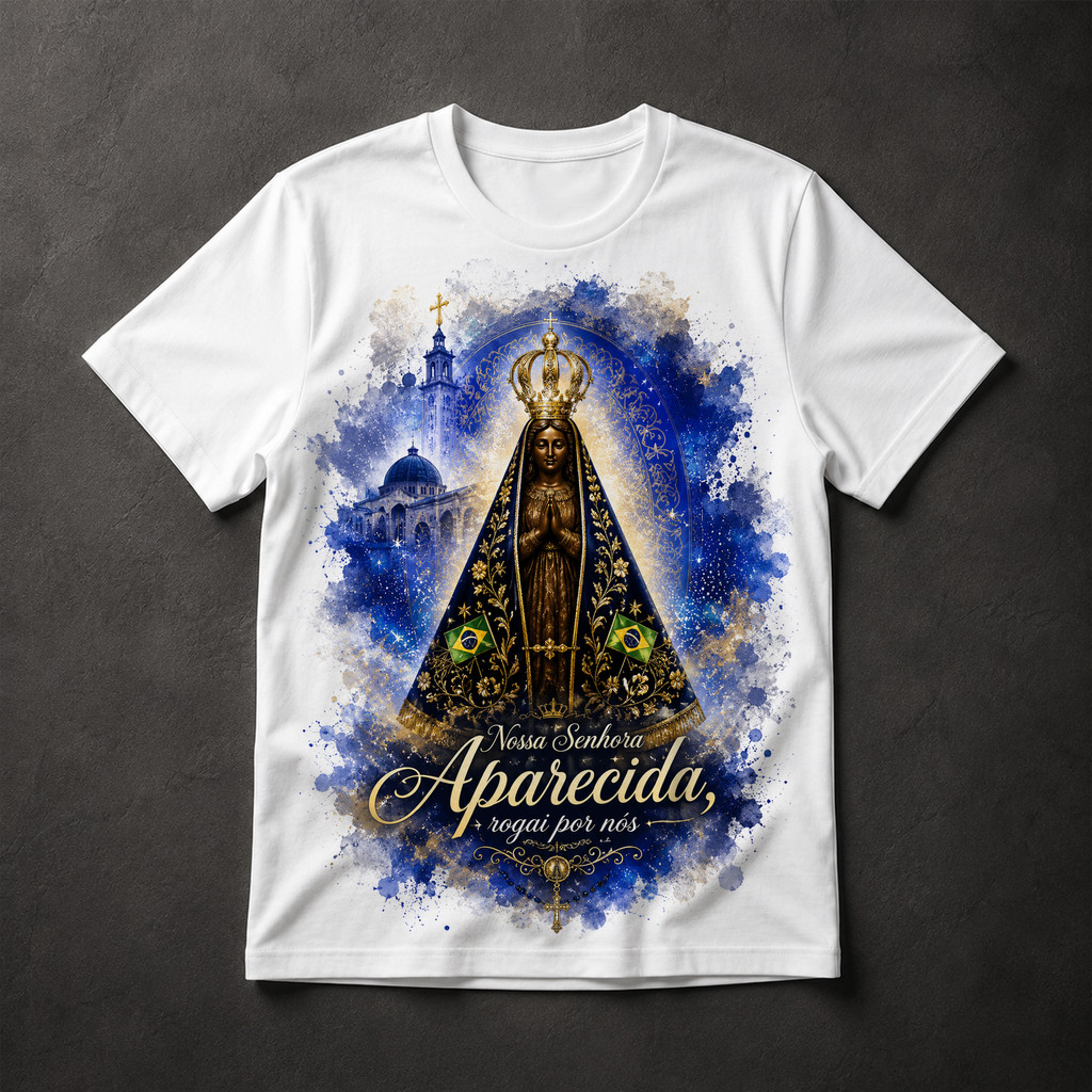Camiseta Nossa Senhora Aparecida Padroeira do Brasil Religiosa Fé Católica Masculina