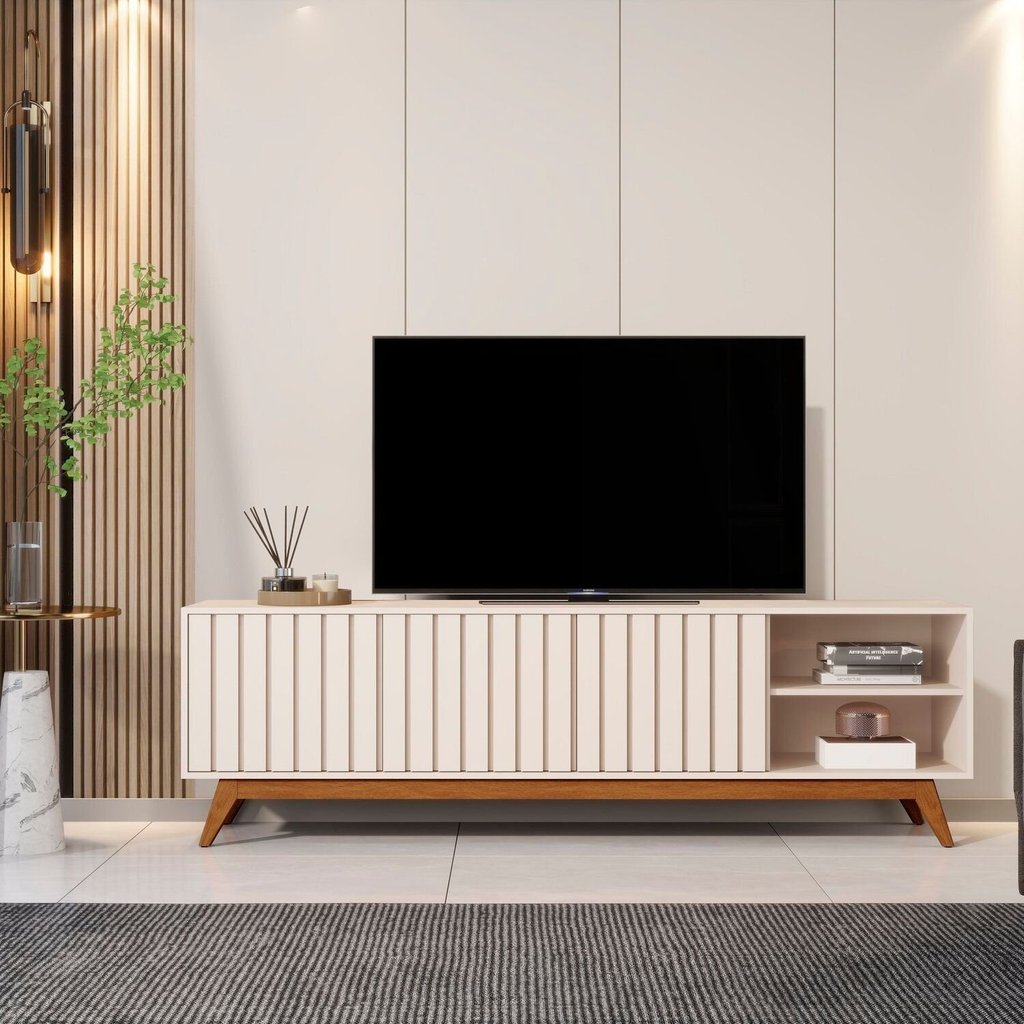 Rack para TV até 75 Polegadas Ripado Retrô Pés em Madeira Maciça 100% MDF 180cm Buriti Bege
