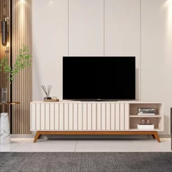 Rack para TV até 75 Polegadas Ripado Retrô Pés em Madeira Maciça 100% MDF 180cm Buriti Bege