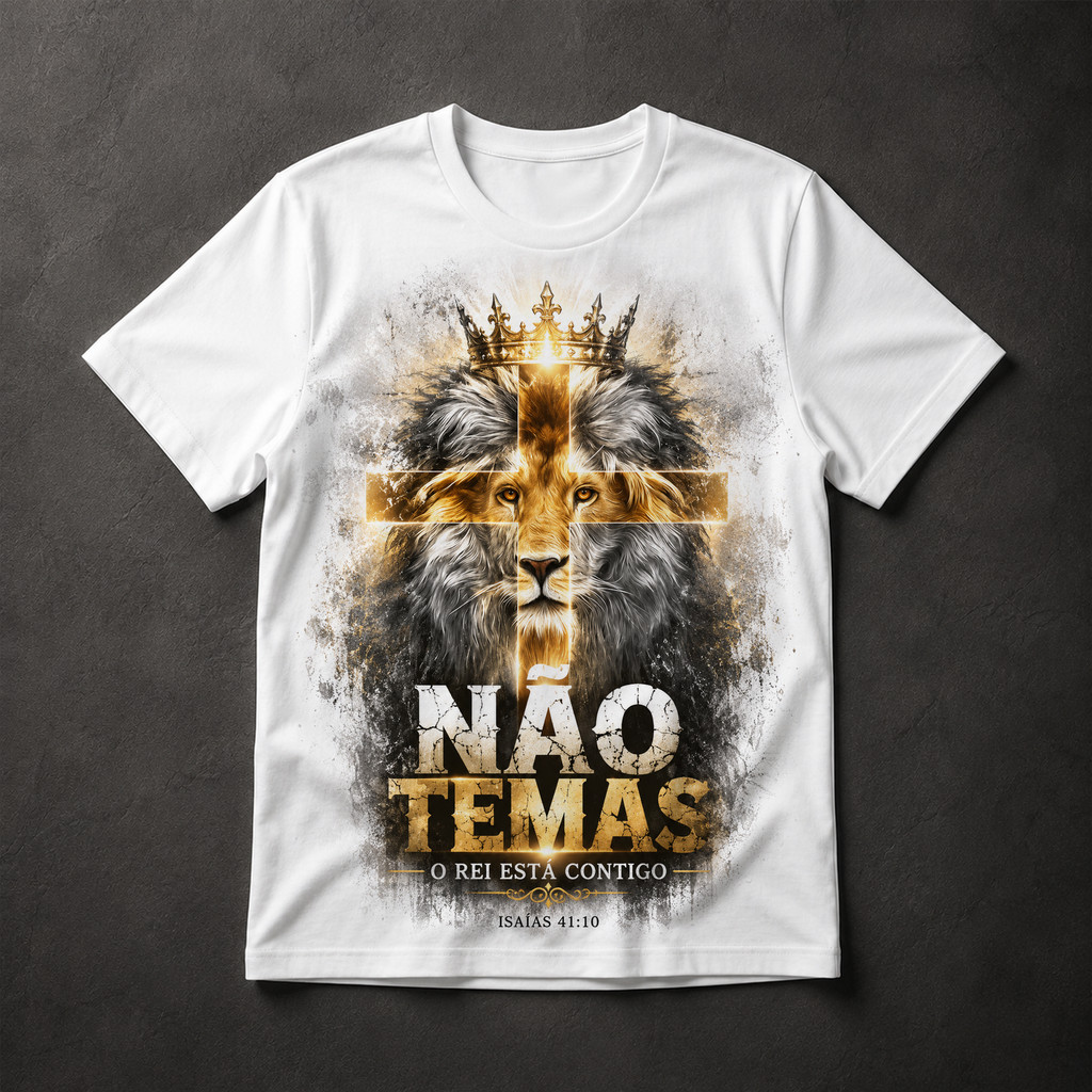 Camiseta Não Temas O Rei Está Contigo Isaías 41:10 Leão Cristão