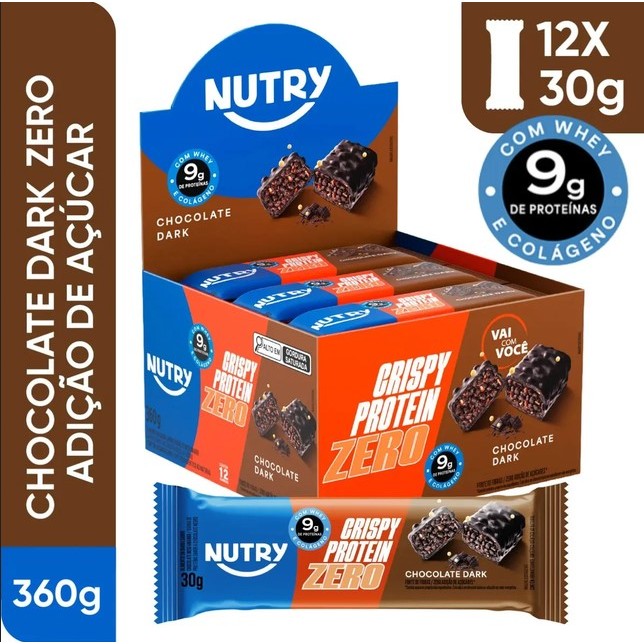 Barra Crispy Protein Zero Chocolate Dark Nutry Com 12 Unidades De 30g
