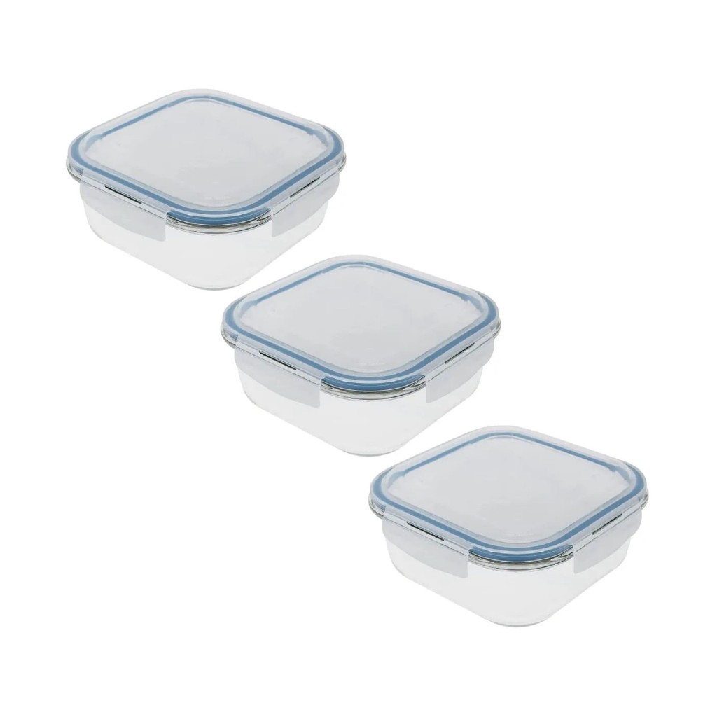 Jogo 3 Potes Vidro Marmita Quadrado Pequeno Resistente 550ml Antivazamento 4 Travas Refratário Micro-ondas Freezer