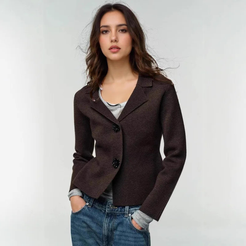 Blazer de Tricô Feminino Elegante com Botões Decorativos, Cardigã Casaco para Mulheres, Outono Inverno, Casual, Manga Lo