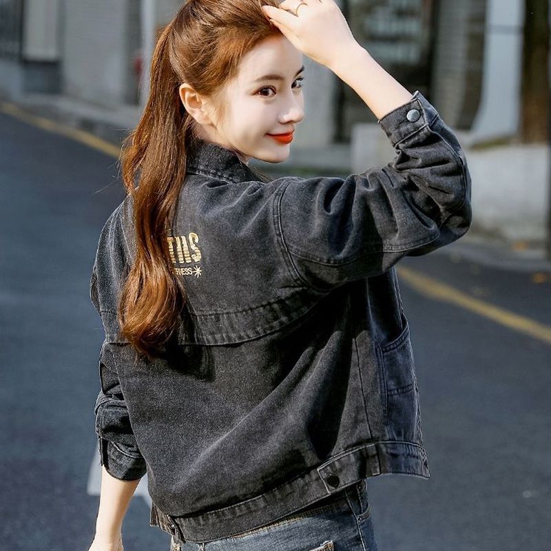 Jaqueta jeans feminina curta novo estilo primavera outono versão coreana solta pequena costura jaqueta retrô