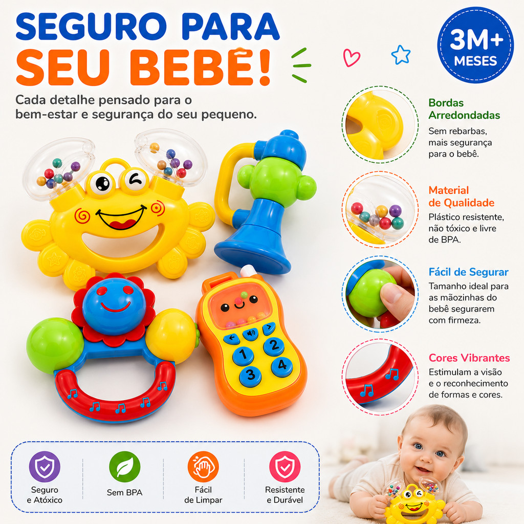 Kit Brinquedos para Bebê 4 Peças Chocalho Telefone Musical Buzina Caranguejo Sensorial Infantil