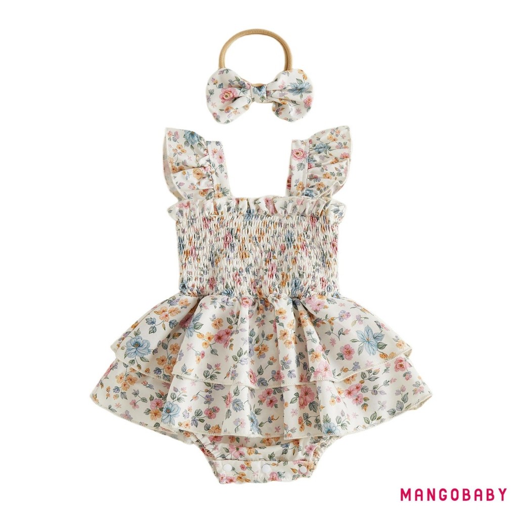 Mango-Baby Girl Conjunto De Macacão De 2 Peças Com Estampa Floral , Manga Voadora , Gola Quadrada , Body De Camada Dupla