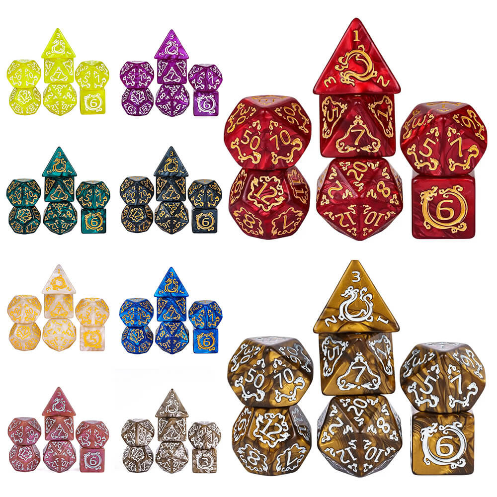 Kit 7 Dados RPG Runas Dragão Draconico D&D Pathfinder D20 Várias Cores Detalhes Entalhados PROMO