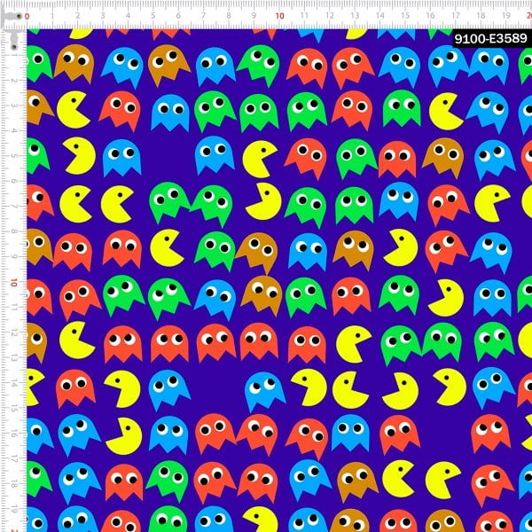 Tecido Tricoline Digital Pac-Man Fundo Azul Pano Patchwork Costura Ateliê Artesanato DIY