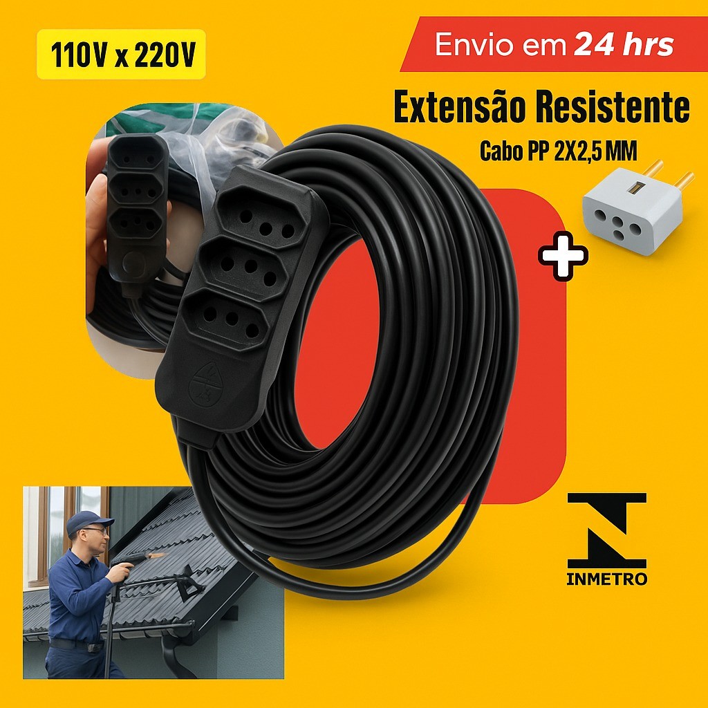 EXTENSÃO ELETRICA GROSSA + UM ADAPTADOR BOB 20A 5-10-15-20-25 METROS 20A CABO PP PROLONGADORA 2x2.5mm.