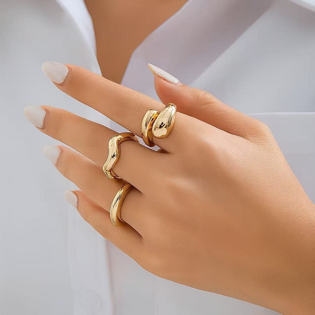 Conjunto de Anéis Dourados Lisos e Ondulados, Estilo Elegante para Todos os Dias