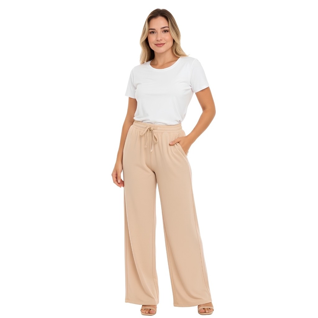 Calça Duna Feminina Pantalona Cintura Alta Ajustável Lisa Social Trabalho Modelagem Reta