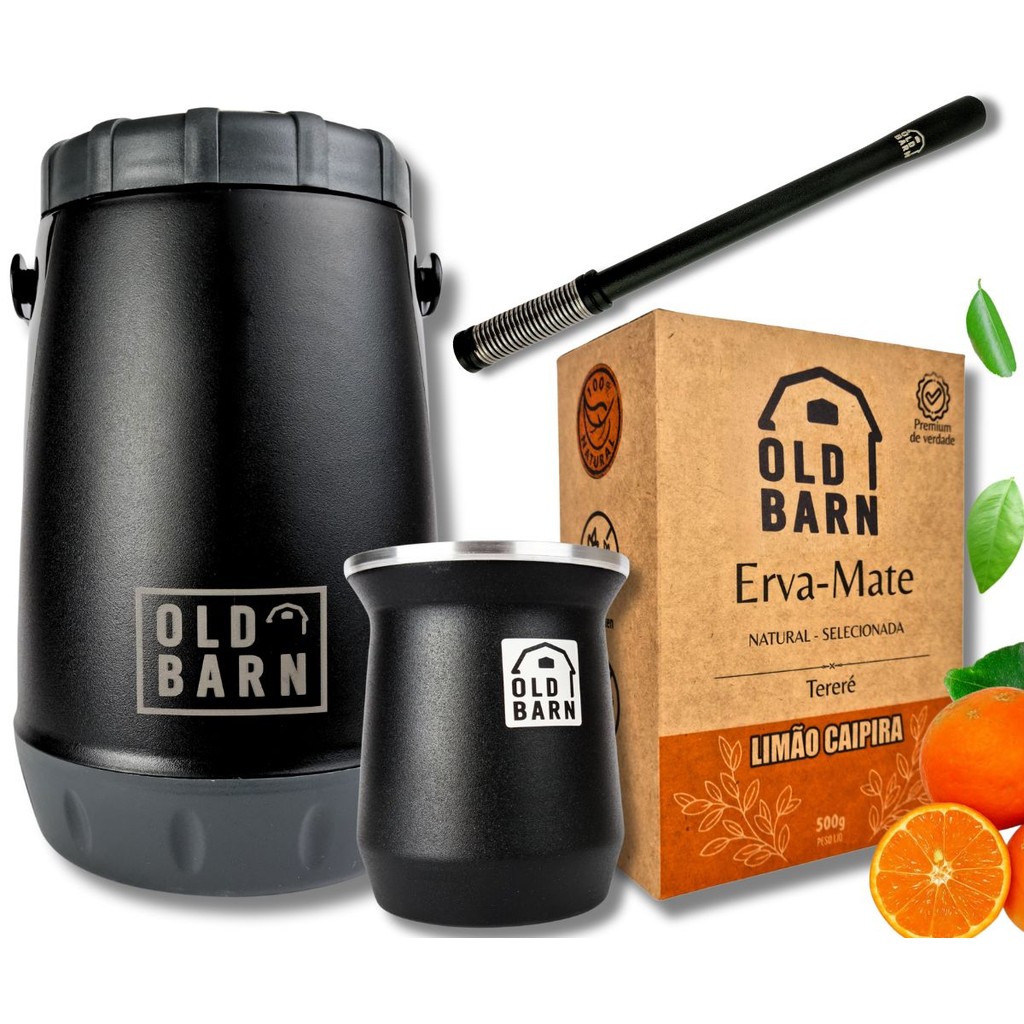 Kit Tereré Old Barn Garrafa 2,5L Copo Cuia 300ml Bomba Mola Externa Preta Erva Limão Caipira 500g