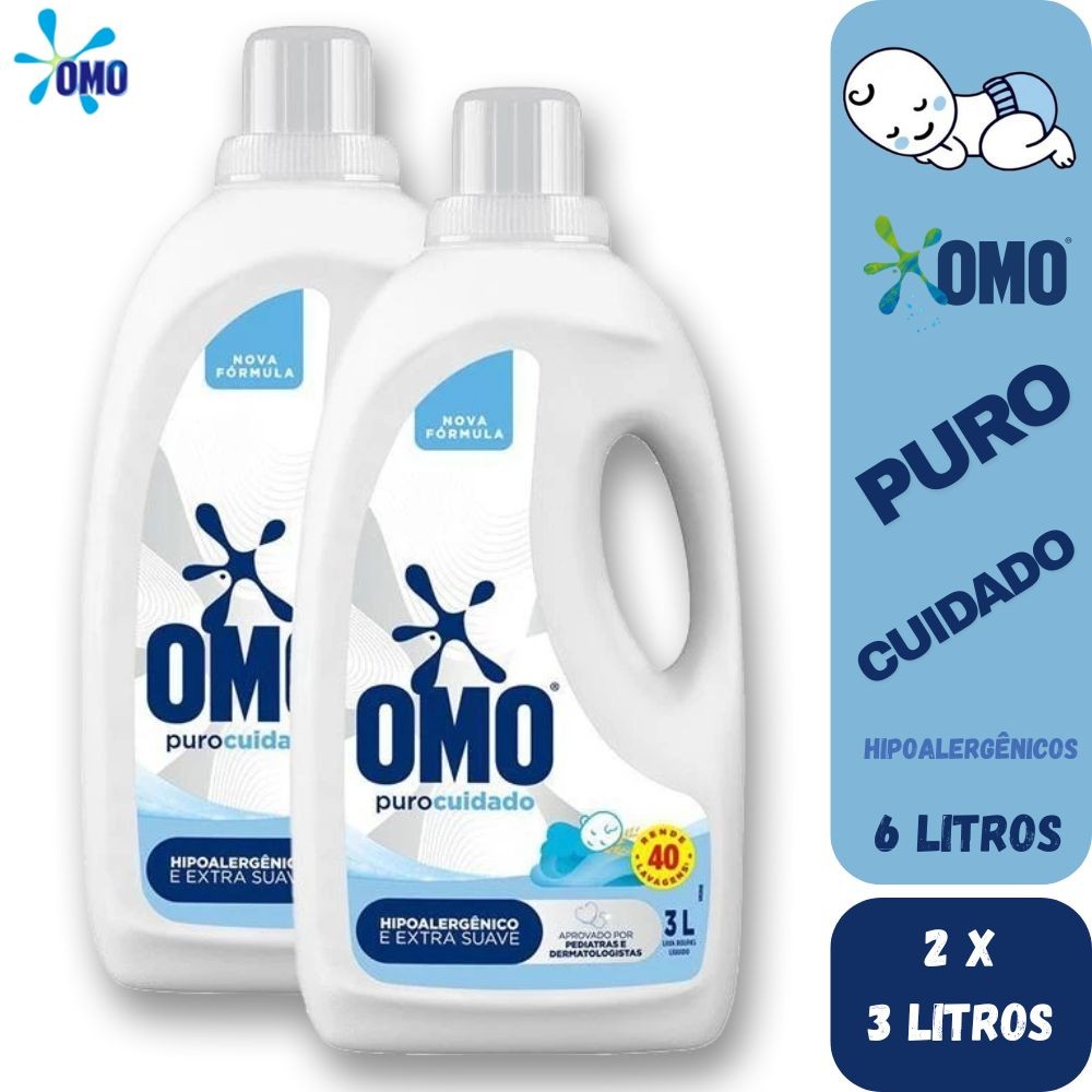 Kit 2 Lava Roupas Líquido Omo hipoalergênico Roupas Finas de Bebê Puro Cuidado 3 Lts
