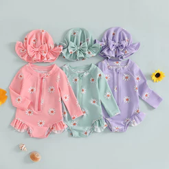 Biquíni Com Zíper E Estampa Floral De Manga Comprida Para Bebês Meninas Chapéu Roupa De Banho Recém-Nascidos