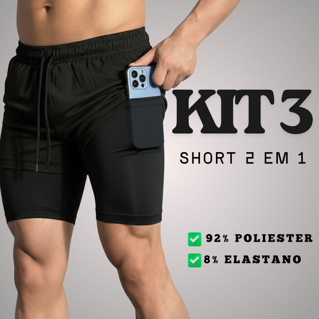 Kit 3 Bermudas 2 em 1 Masculino Academia e Treino Sport Fit + Proteção UV