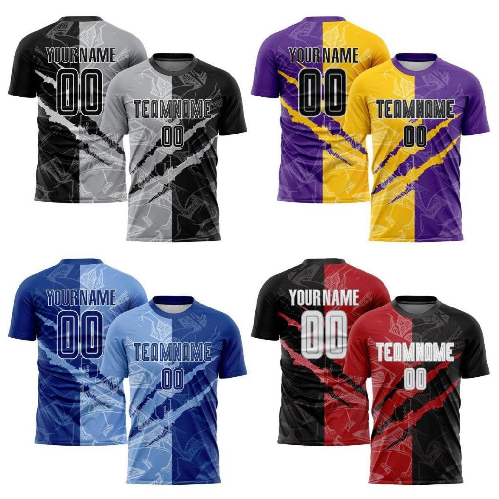 Nome E Número Personalizados Gratuitos , Camiseta De Uniforme De Futebol Com Sublimação De Arranhões Azul Claro Real