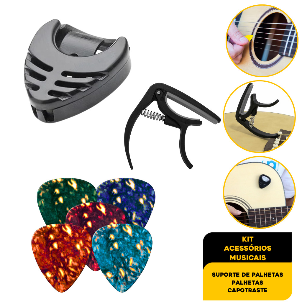 Capotraste Pestana Braçadeira Violão Guitarra Ukulele + Porta Palhetas+ 5 Palhetas Premium