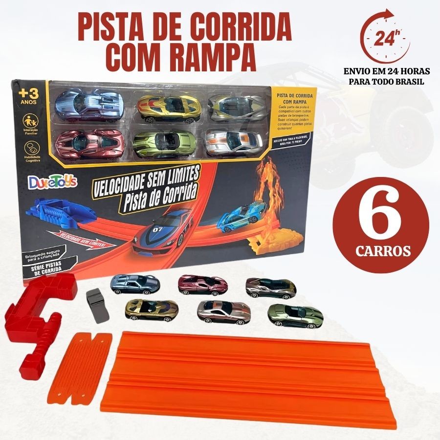 Pista de Corrida com kit 6 carrinhos + Lançador Brinquedo de menino Estilo Hotwheels