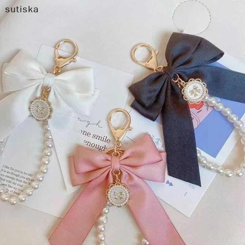 sutiska Chave Saco Pingente Acessórios Falso Pérola Arco Chaveiro Bonito Frisado Pulseira Para Bolsa Mochila Carro Charm