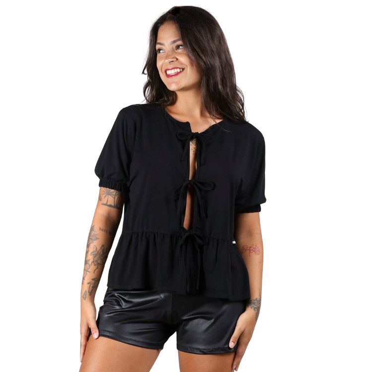Blusa Feminina Preto Amarração Laços Frontal Cintura Peplum
