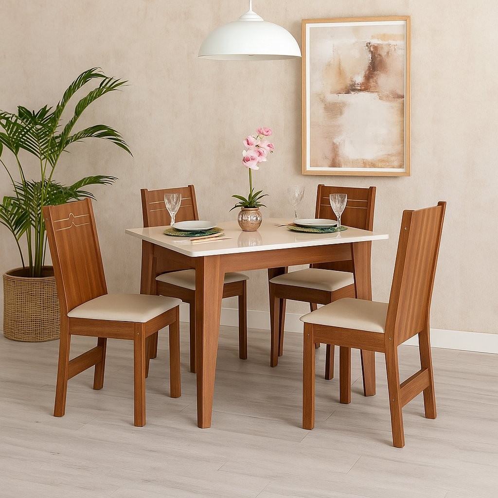 Conjunto Sala de Jantar 4 lugares Retangular Giovana Cadeiras Elane