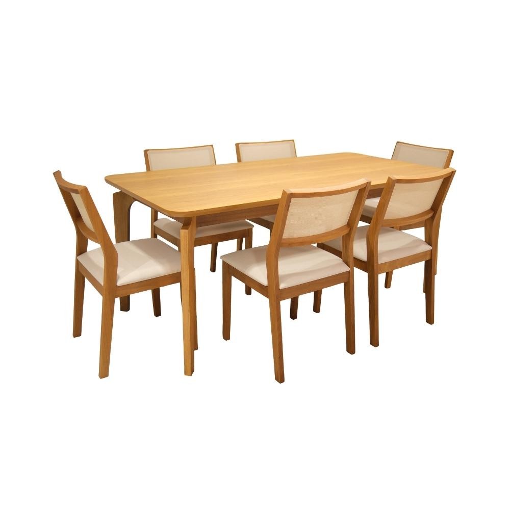 Conjunto Sala de Jantar Mesa Siena 180x90 Tampo Madeira 6 Cadeiras Viena Tela Madeira Cinamomo