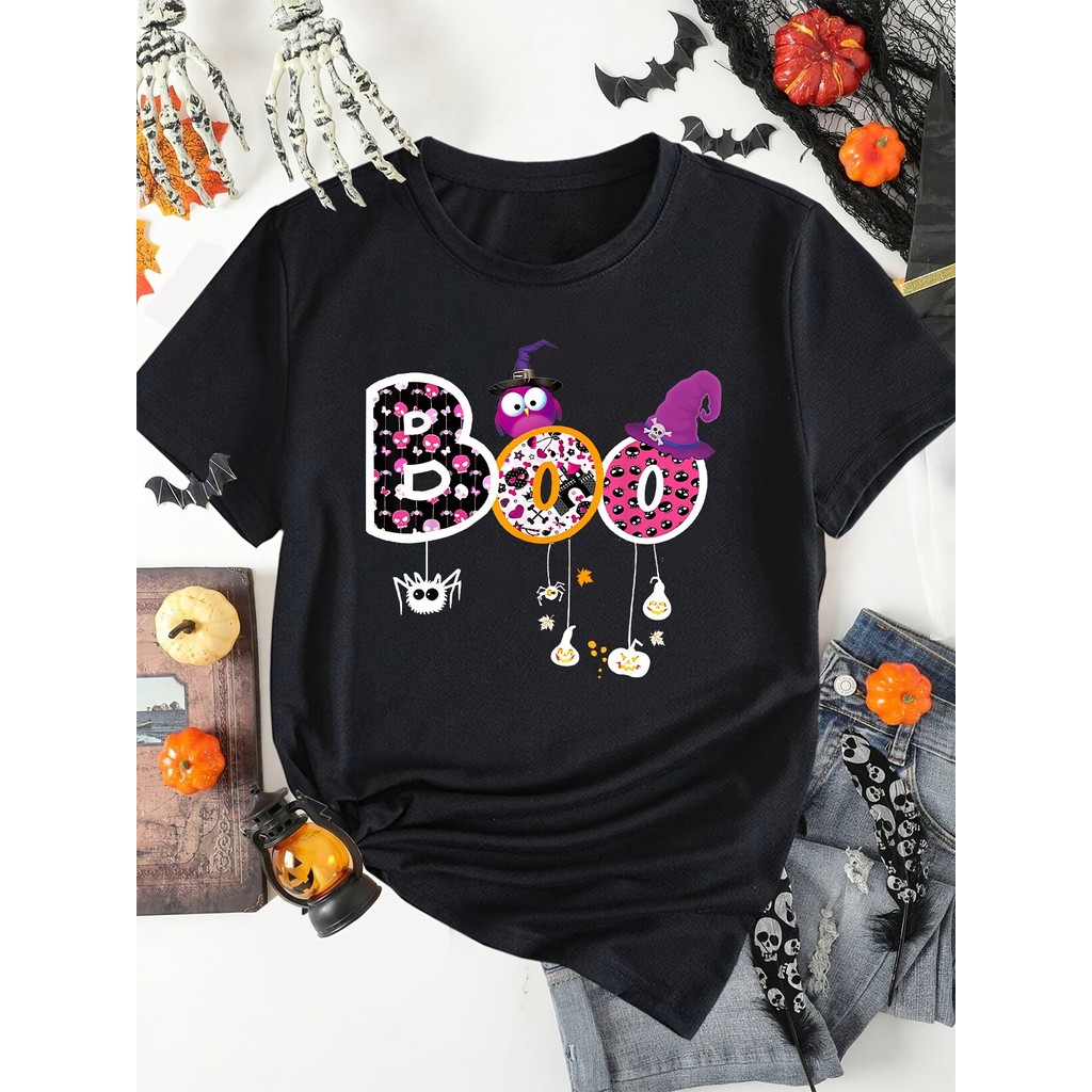 Camiseta Feminina Halloween "Boo" Fantasmas Abóboras Chapéu Bruxa Unissex Shirt Oversized 100% Algodão