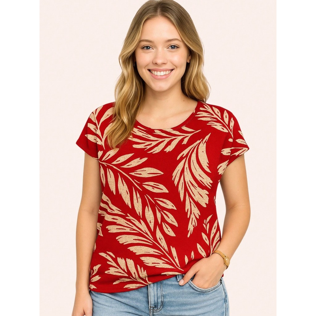 Blusa soltinha malha crepe estampada decote redondo em Oferta na Shopee