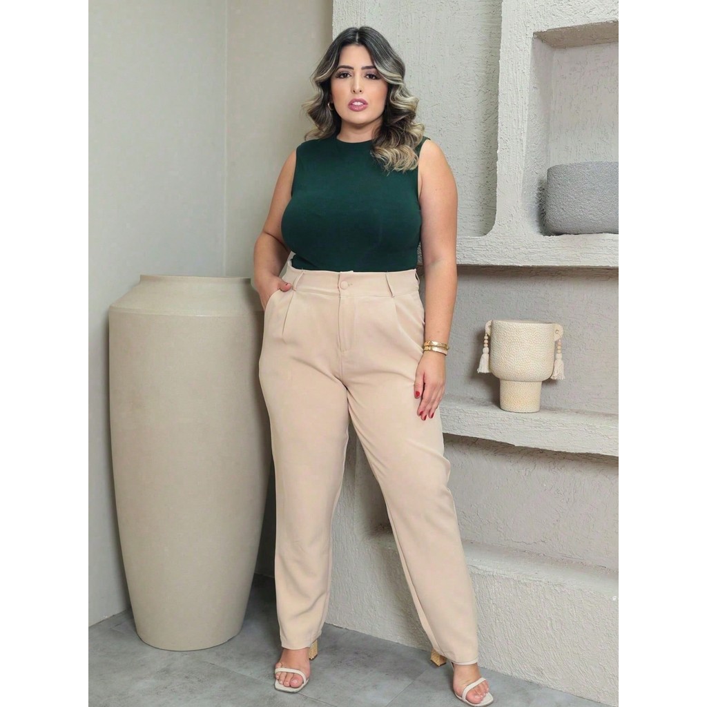 Calça Plus Size Alfaiataria Com Botão P Ao GG sem ziper Cenora