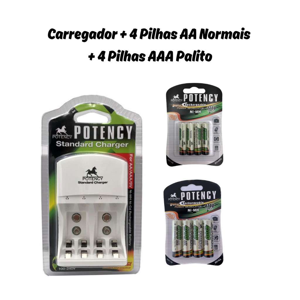 Kit Carregador De Pilhas AA/AAA/Bateria 9v Recarregáveis