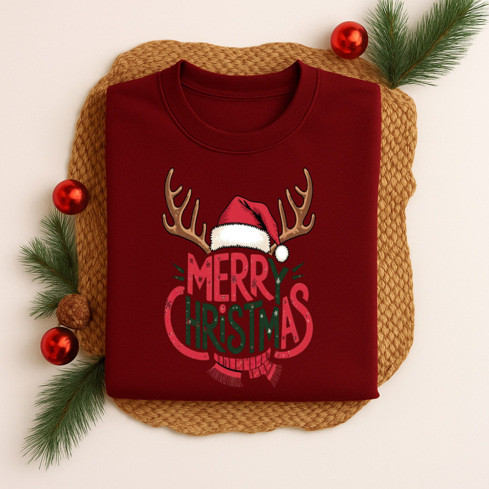 Camiseta Algodão Natalina Estampa Merry Christmas Chifre Rena 541 Neve Guirlanda Rena